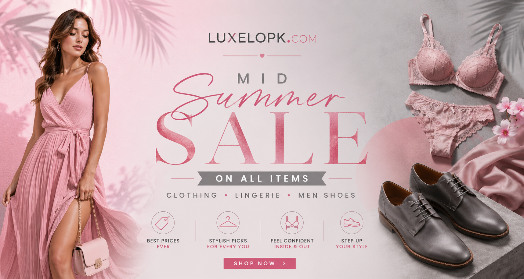 Summer sale, Luxelo, Kids clothing on sale, lingerie on sale, men shoes on sale